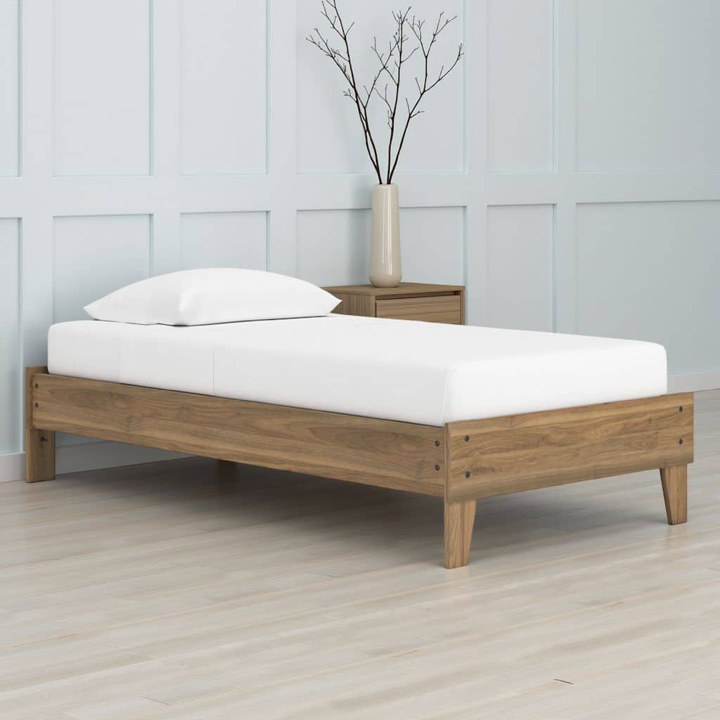 Deana Full Platform Bed, Honey Brown Wood, Low Profile Tapered Legs