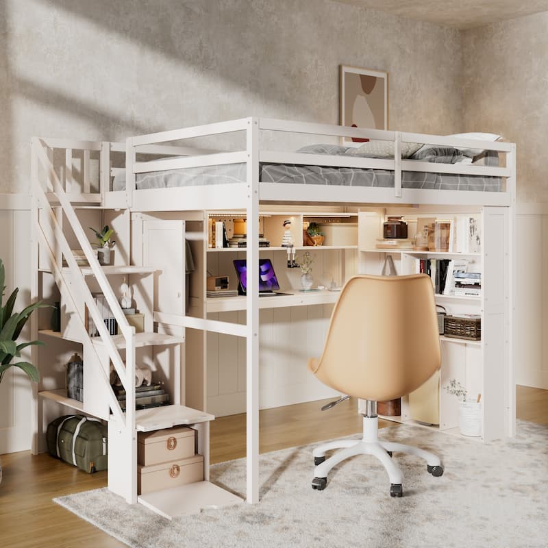 Full Loft Bed with Built-In Wardrobe & Study Desk - Space-Saving Frame with LED Lights & Shelves