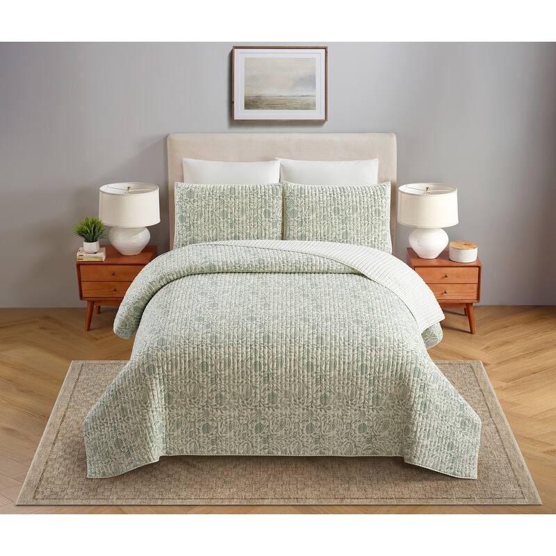 Eden Paisley Gauze 3-Piece Reversible Quilt Set - King - Green