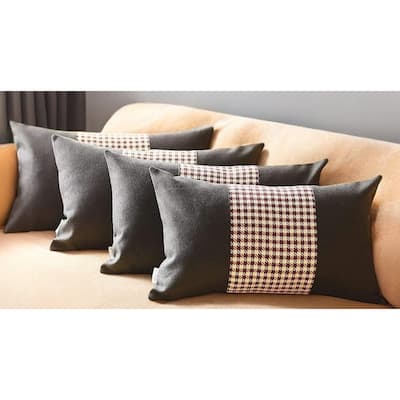 Set of Four 12" X 20" Black Red and White Houndstooth Fabric Lumbar Throw Pillows