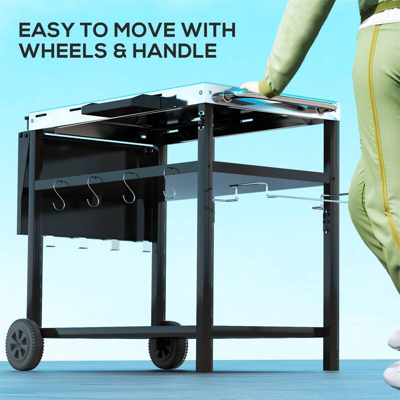 Stainless Steel Outdoor Serving Cart with Folding Side Table, Wheels, Shelves, Hooks, Spice Rack, Bottle Opener