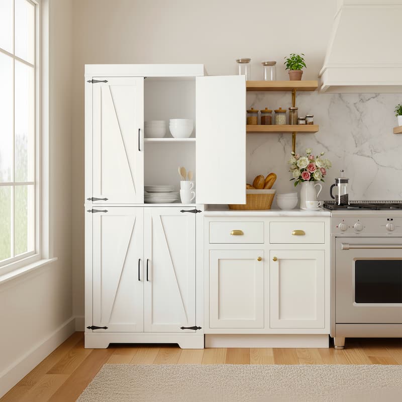 Homy Casa White Tall Storage Cabinet Double Doors, Modern Pantry - White