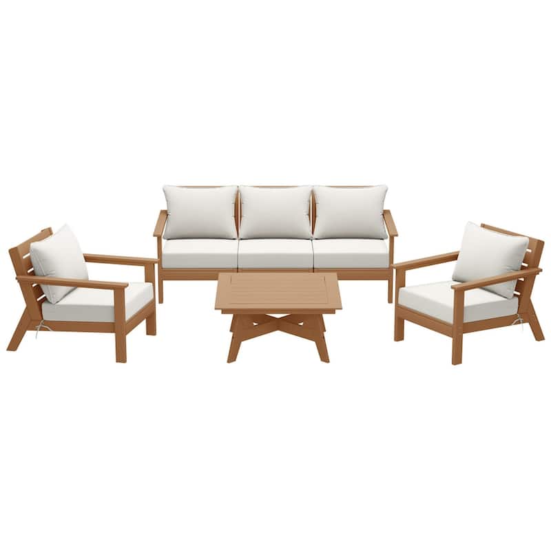 Birchwood All Weather HDPE Outdoor Patio Teak Deep Seating Conversation Set (6-Piece Set)