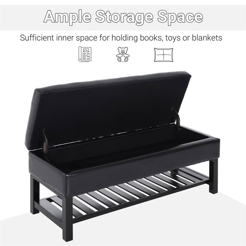 44" Tufted Faux Leather Ottoman Storage Bench With Shoe Rack - Black
