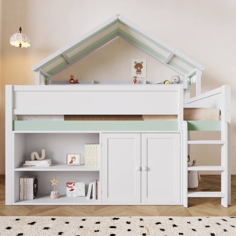 Full Size Loft Bed with Canopy Roof & Storage Cabinet - Space-Saving Study Bed