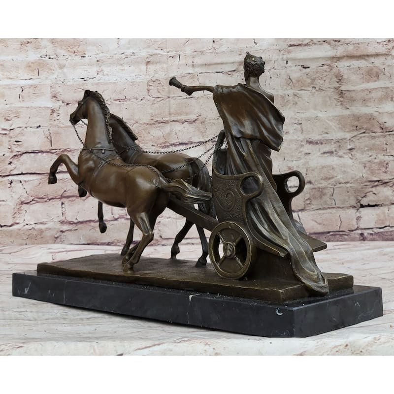 Roman Caesar Pulled By Horses On Chariot Bronze Statue Sculpture Figure 11 Inches X 17 Inches