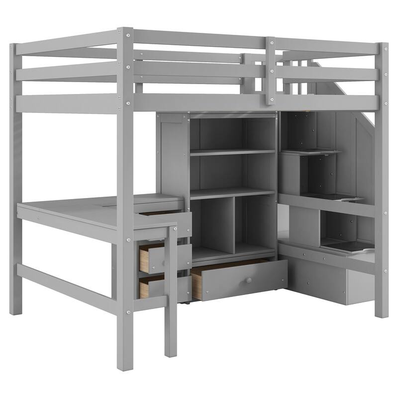 Twin/Full Loft Bed with L-Shaped Desk and Storage Staircase, Multi-Functional Solid Wood Loft Bed Frame with Drawers & Bookcase