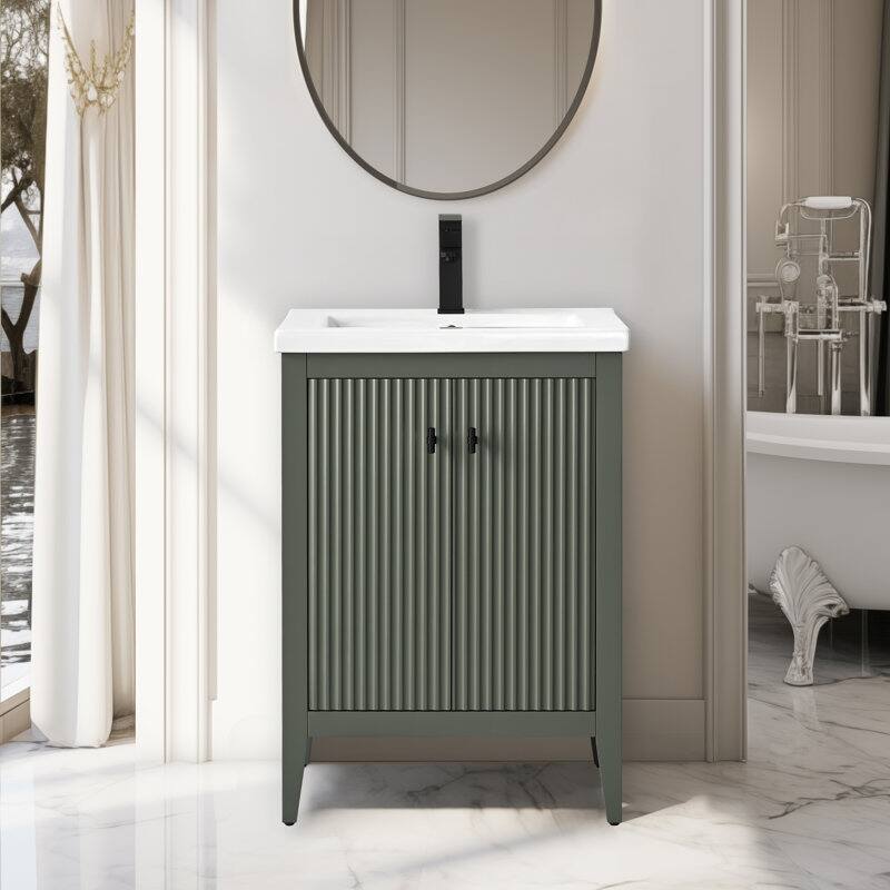 Vanity Art 24" Single Sink Bathroom Vanity Cabinet with Ceramic Top - 24"/Matte Black Handle - Linear Vintage Green