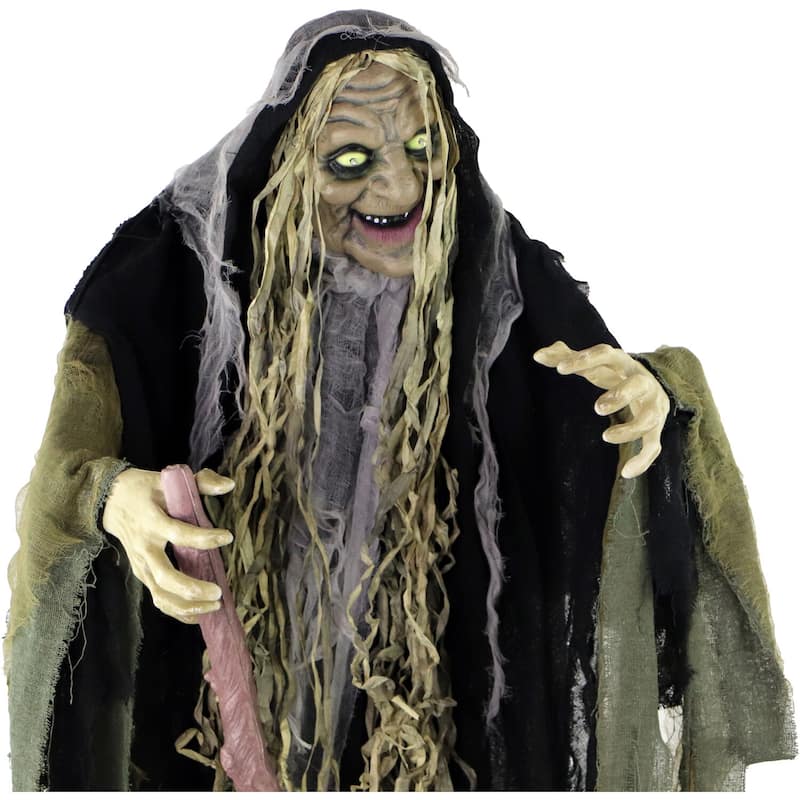 Haunted Hill Farm Life-Size Animatronic Witch, Indoor/Outdoor Halloween Decoration, Light-up White Eyes, Poseable