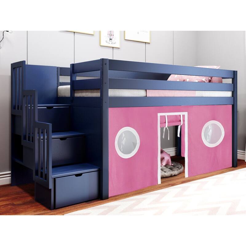 JACKPOT Contemporary Low Loft Twin Bed with 3 Step Stairway and Tent