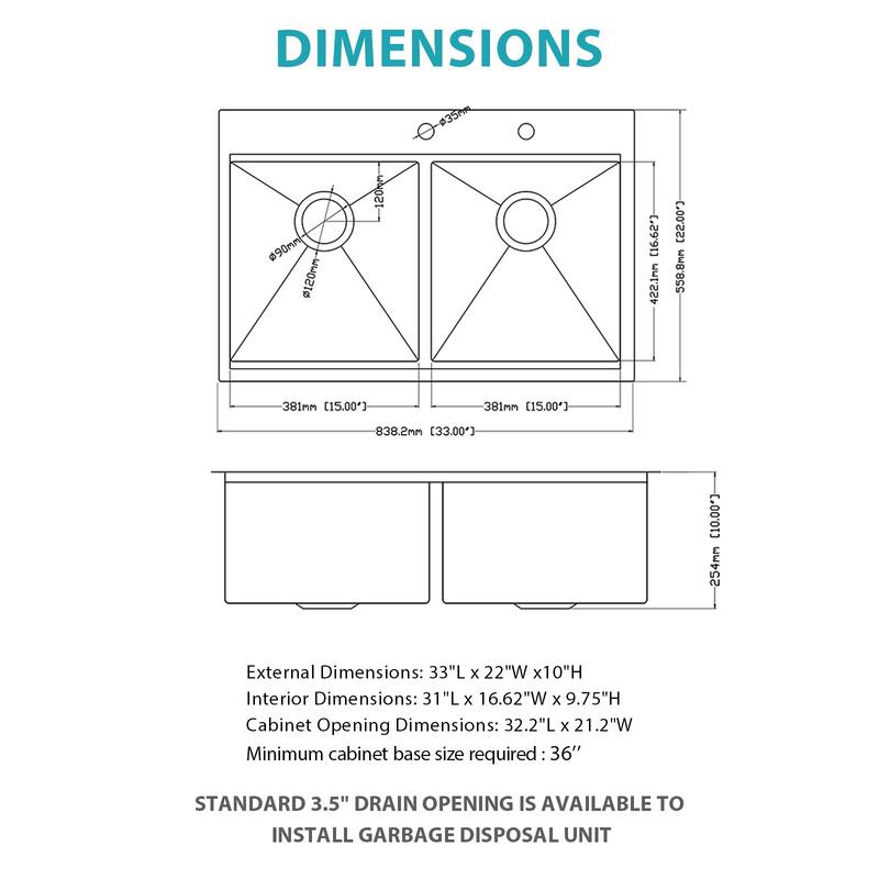 Topmount Drop in Kitchen Sink - 33"x 22" x 10" Double Bowl (50/50) Kitchen Sink 16 Gauge with Two 10" Deep Basin