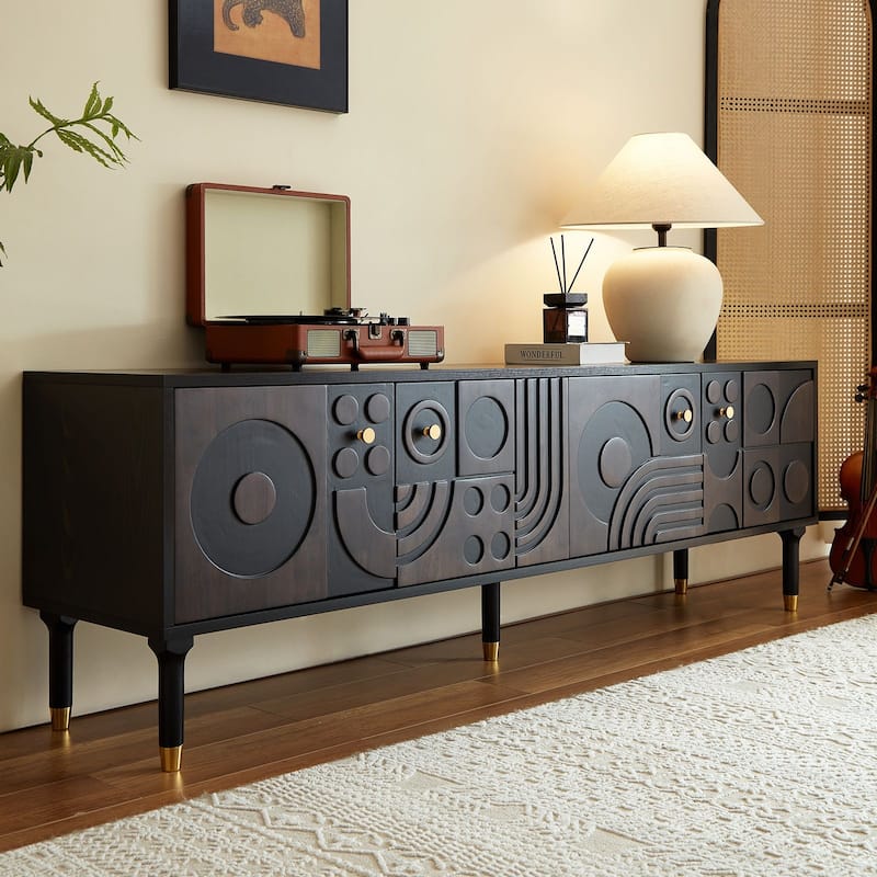 Mid-Century Modern TV Cabinet Black Entertainment Center with 4 Storage Cabinets for 55+" TVs, Minimalist Design for Living Room