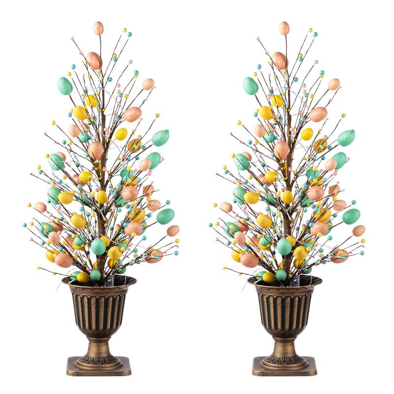 Glitzhome 36"H Easter Egg Berries Flower Urn Porch Tree with 20 Warm White Lights and Timer - 2PK-Egg & Berries