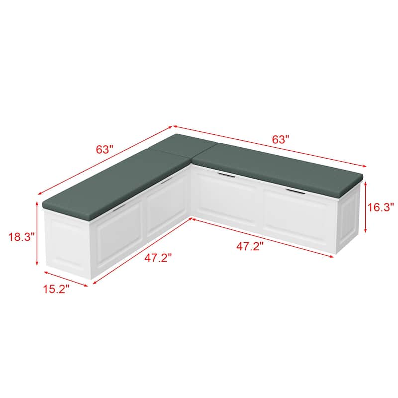 White & Green L-Shaped Storage Bench: Stylish Seating with Hidden Storage