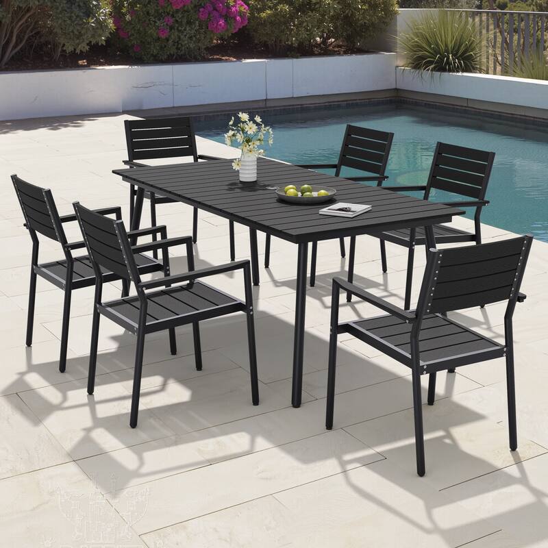 7-Piece Outdoor Patio Dining Set Wood-Like Table Top Alumium Umbrella Hole Table with Stackable Armrest Chairs - Black