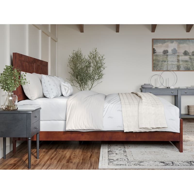 King Bed Frame with Footboard - Modern Farmhouse Bed - Walnut Finish - Slat Support - USB Charging Port