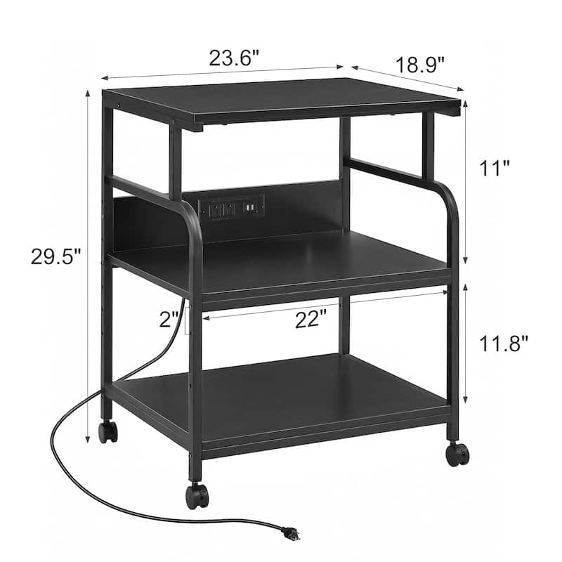 Javlergo 3-Tier Rolling Printer Stand with Locking Wheels Charging Station & AC/USB Outlets Mobile Office Storage Cart