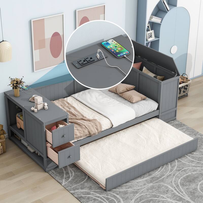 Twin Size Daybed with Storage, Trundle, and Charging Station in Gray - Grey