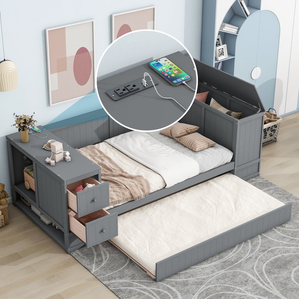 Twin Size Daybed with Storage, Trundle, and Charging Station in Gray