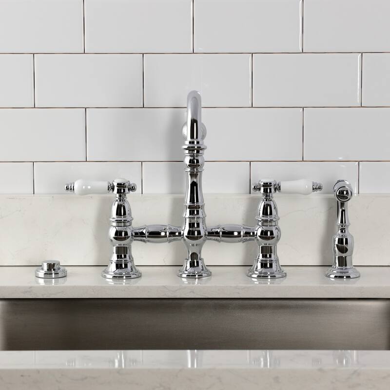 Kingston Brass Bel-Air Two-Handle 4-Hole Deck Mount Bridge Kitchen Faucet with Brass Side Sprayer