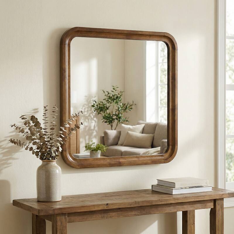 Roundhill Furniture Eldren Wood Frame Mirror, Walnut Finish