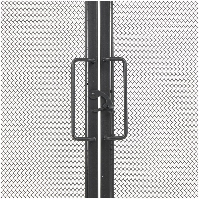 Black Metal Minimalistic Single Panel Fireplace Screen with Arch Inspired Doors and Handles