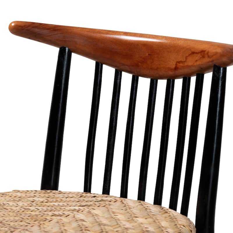 Parthenia Mid-Century Modern Two-Tone Black and Walnut Brown Finished Mahogany Wood and Natural Rattan Dining Chair