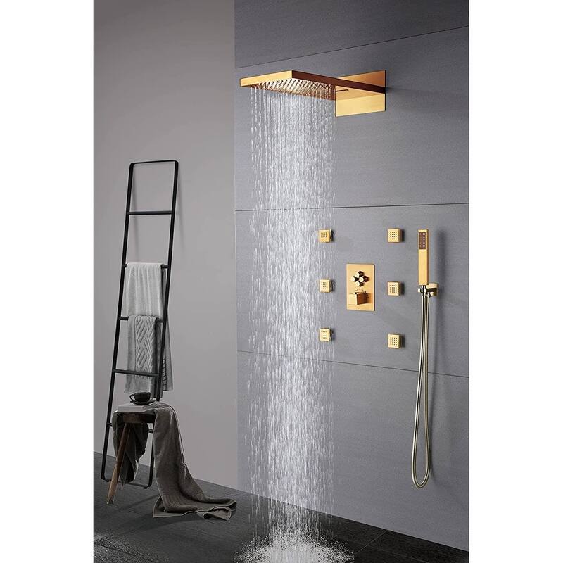 Polished Gold 22" Rainfall Waterfall 4 Way Thermostatic Shower Faucet System w/ Body Jets, Sprayer - Polished Gold
