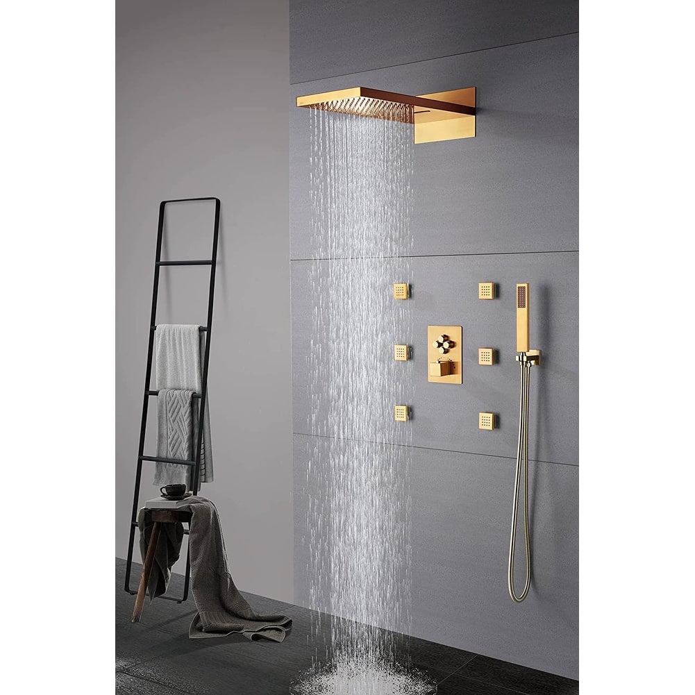 Polished Gold 22" Rainfall Waterfall 4 Way Thermostatic Shower Faucet System w/ Body Jets, Sprayer - Polished Gold