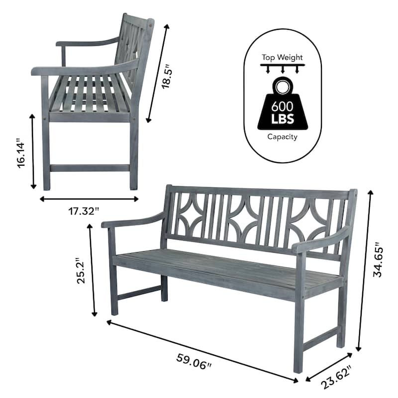 Laurel 59.1" 3-Seat Ogee Diamond-Back 600-Lbs Support Acacia Wood Outdoor Garden Patio Bench, by JONATHAN Y