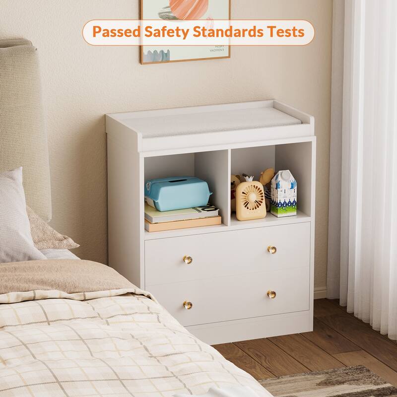 Changing Table With Pad, Modern Changing Station With 2 Drawers and 2 Open Compartments