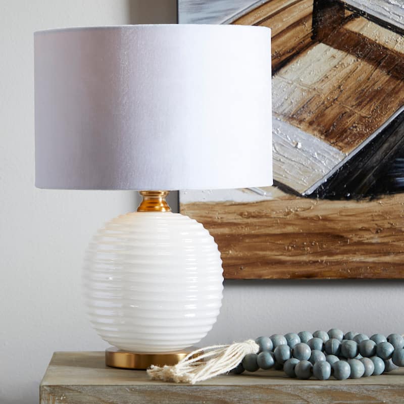 White Glass Ribbed Room Table Lamp with Gold Accents - White