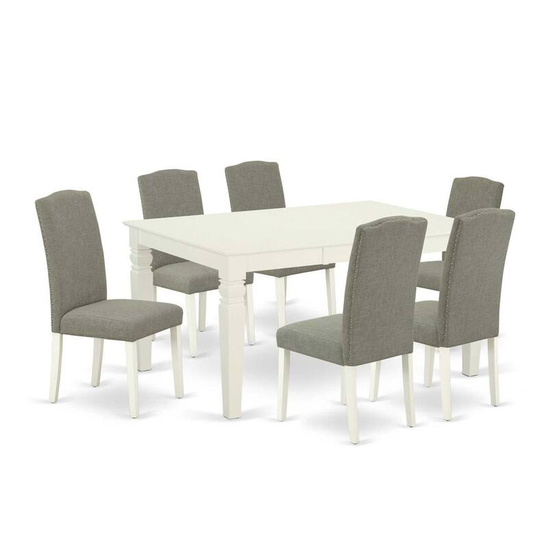 Rectangular Dinette Table Set 7Pc - 42/60" Table w/ Leaf & 6 Parsons Chairs - Linen White Legs
