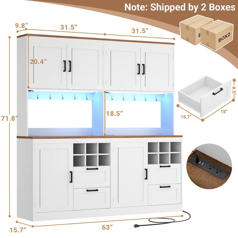 Farmhouse 72" Tall Kitchen Pantry Cabinet with Charging Station, Coffee Bar Cabinet with Hutch and LED Light