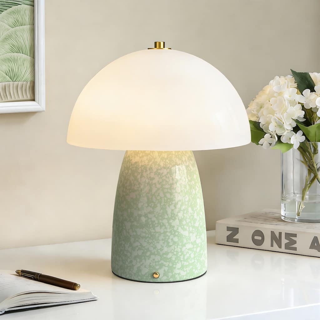 Maxax 11" Modern White Mushroom Cordless Rechargeable Ceramic Table Lamp with Touch Control 3-Level Dimming Type-C Charging
