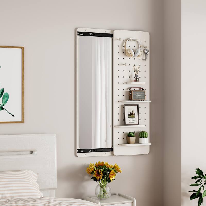 Wall Mounted Full Length Mirror with Shelf and Hook Wall Mounted Mirror with Multifunctional Design Panel(47.6*15.7in)