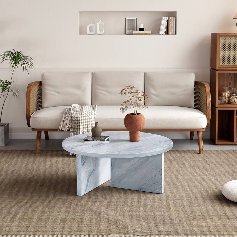 Modern Faux MarbleCoffee Table Round Coffee Table with T-shaped Base