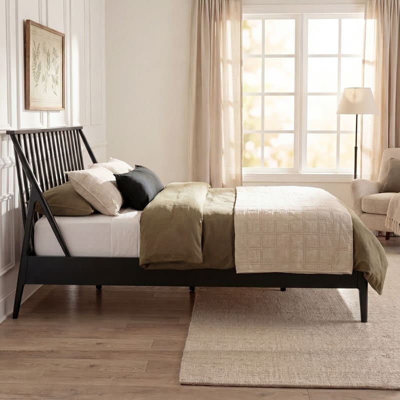 Bohemian Bamboo Spindle Platform Bed Frame with Wooden Slats and Metal Support, No Box Spring Needed, Low Profile Wingback Bed