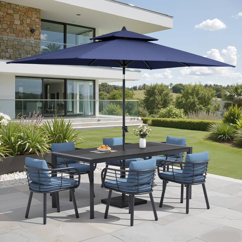 9/11-Piece Outdoor Patio Dining Set w/10 ft Umbrella and Base Aluminum Dining Table and Dining Chairs with Sunbrella Cushions
