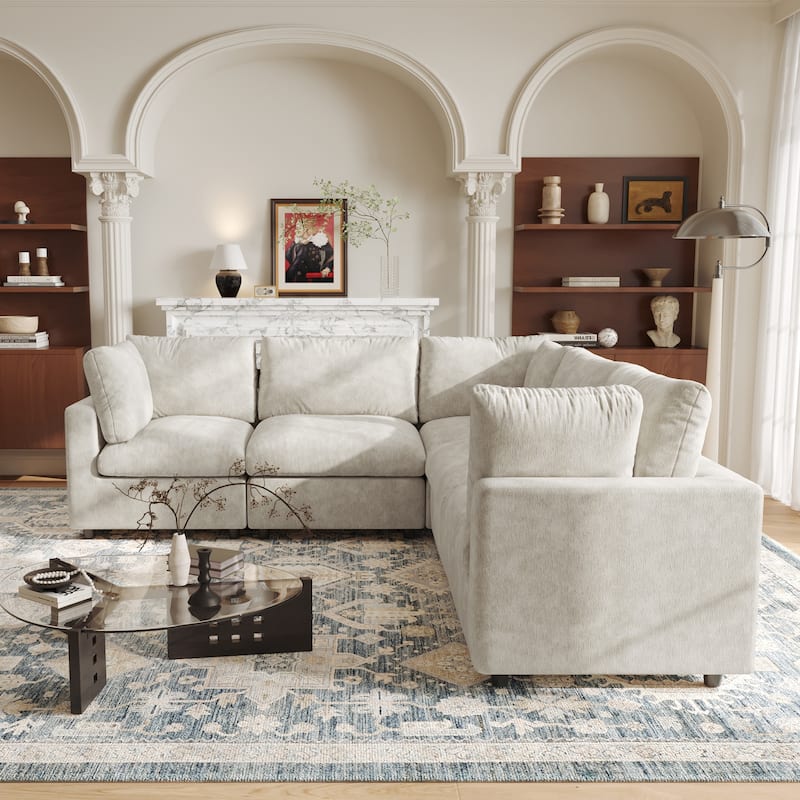 5 Seat L-Shaped Sectional Sofa chenille Fabric Upholstered Couch with Removable Cushions Modern Living Room Furniture