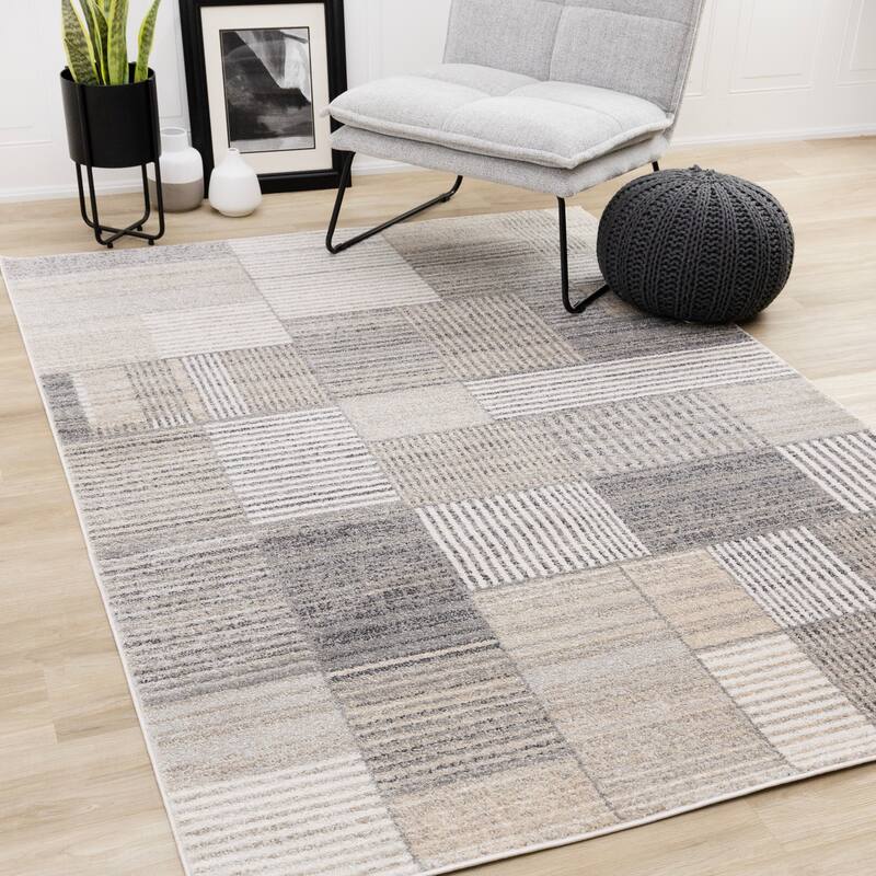 Solace Collection - Soft Low-Pile White Grey Striped Blocks Area Rug