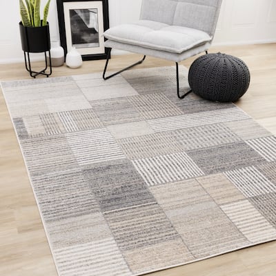 Solace Collection - Soft Low-Pile White Grey Striped Blocks Area Rug