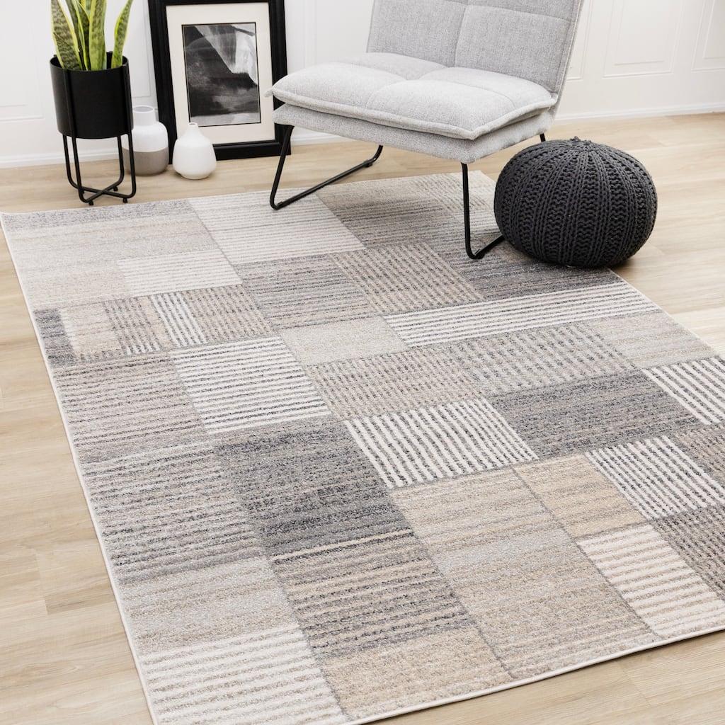 Solace Collection - Soft Low-Pile White Grey Striped Blocks Area Rug