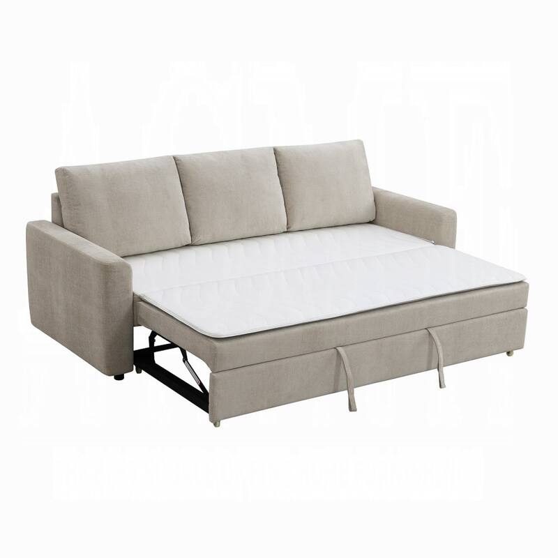 Eira Sofa with Fold Out Sleeper Full Size Bed, Beige Linen, 89 Inch
