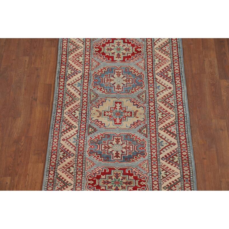 Light Blue Kazak Runner Rug Handmade Oriental Wool Carpet - 2'9" x 12'3"