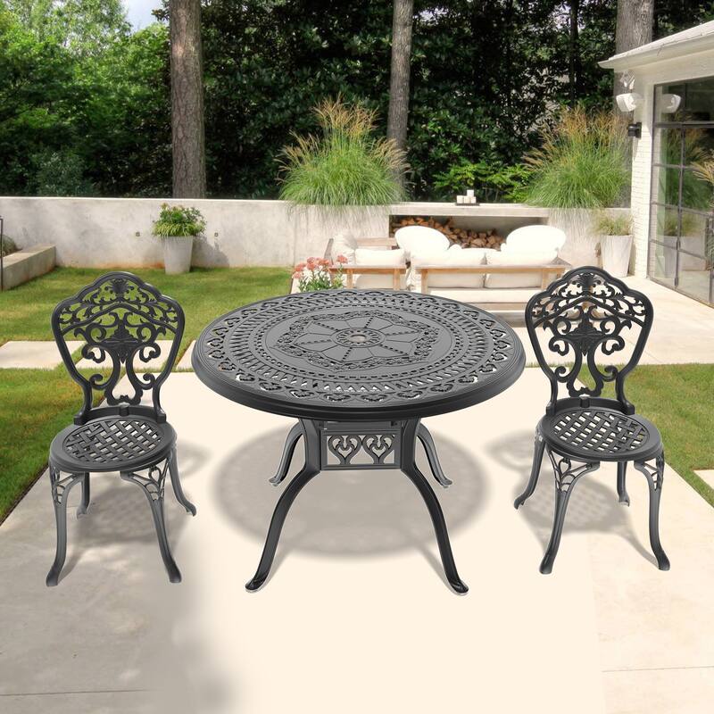 3-Piece Set Of All-Weather Cast Aluminum Dining Furniture Set With Black Frame - Black