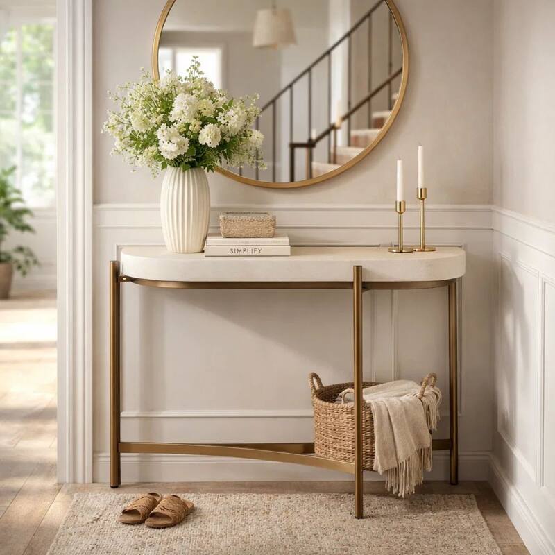 Leyu 51 Inch Curved Console Sofa Table, White Concrete Top, Bronze Base