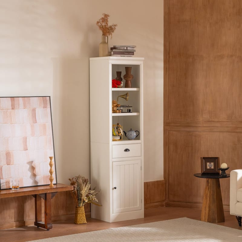 75'' Tall Display Shelf with Cabinet, Retro Style cabinet for Hallways Living Room, Kitchen, Home, Studio or Workspace - White - White