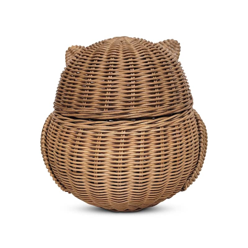Brown Owl Rattan Storage Basket with Lid Decorative Home Decor Hand Woven Shelf Organizer Cute Handmade Handcrafted Gift Art