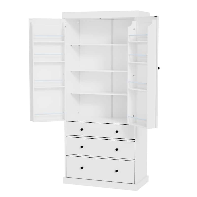 Freestanding Tall Cupboard Storage Cabinet w/ 8 Door Shelves, 3 Drawer